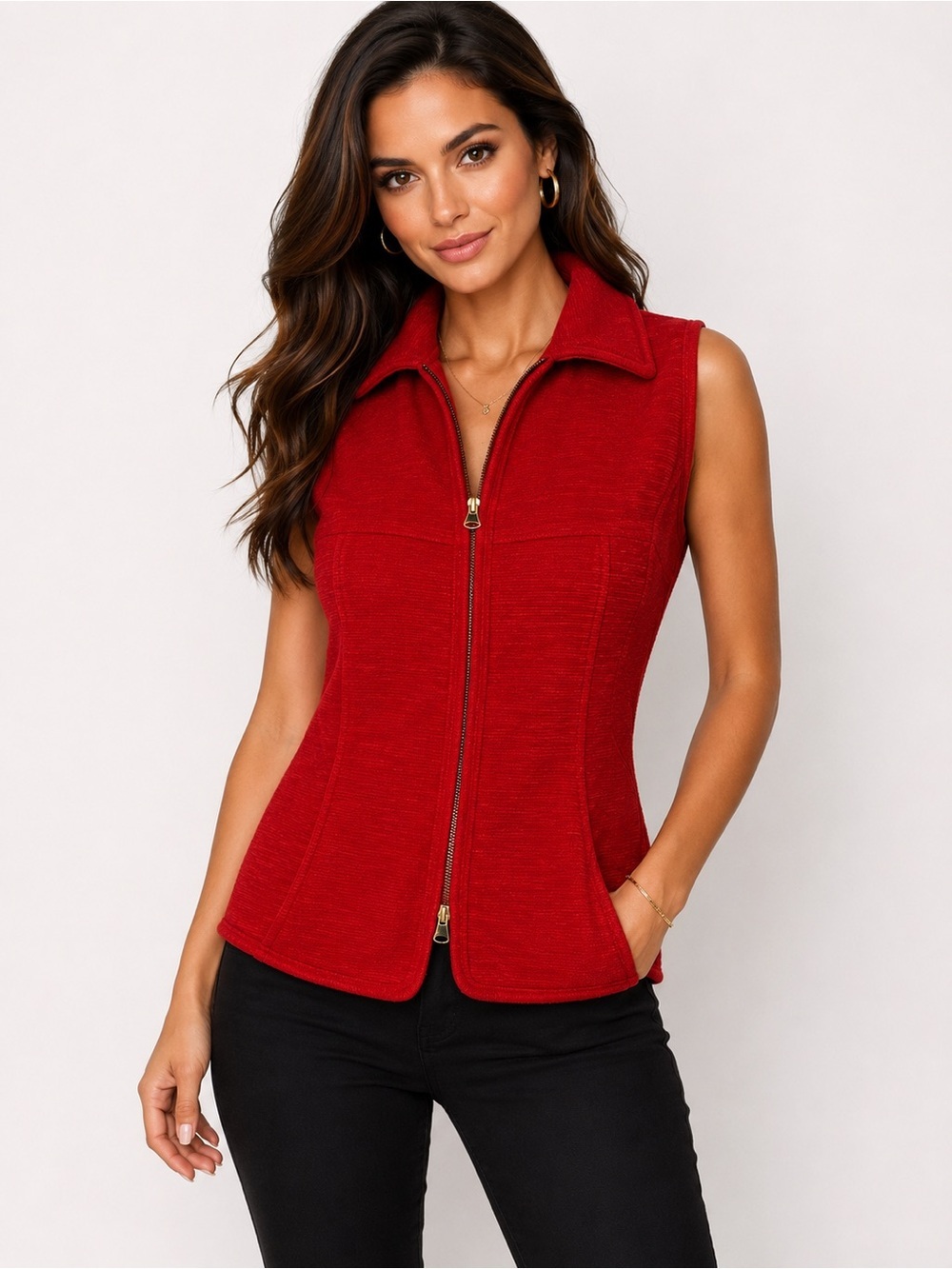 Graff Petite Size Small Red Sleeveless Zip Front Collared Vest Career Casual Top